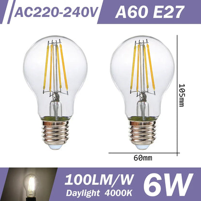 2PCS LED Filament Bulb E14 E27 C35 C35T ST64 G80 A60 220V 4W 9W Warm White Glass 360 Degree Edison Retro Candle Light Blubs