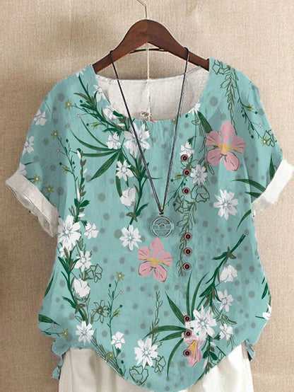 2025 Summer retro fashion printed loose casual shirt top, suitable for casual or vacation ladies' beachwear