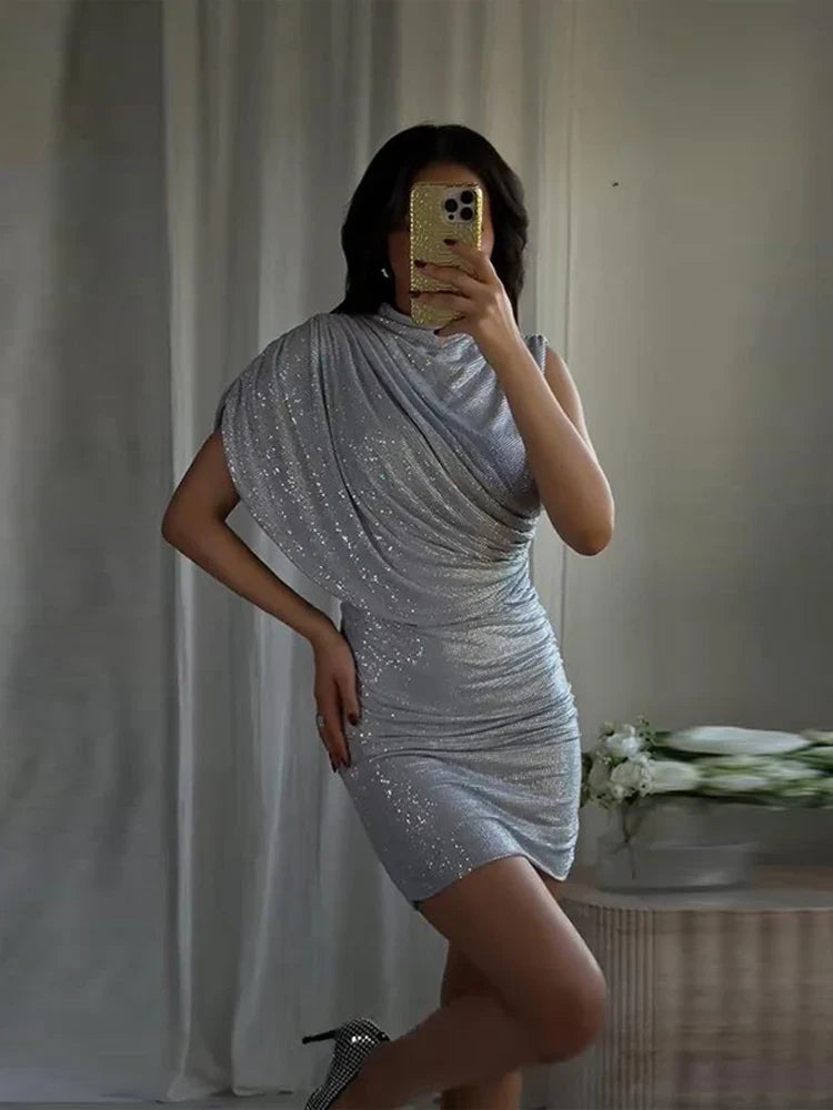 Chic Sequin Solid Dress Women Sexy O-neck Sleeveless Pleated Waist-cinched Empire Dresses Elegant Party Spring Lady Gown 2026