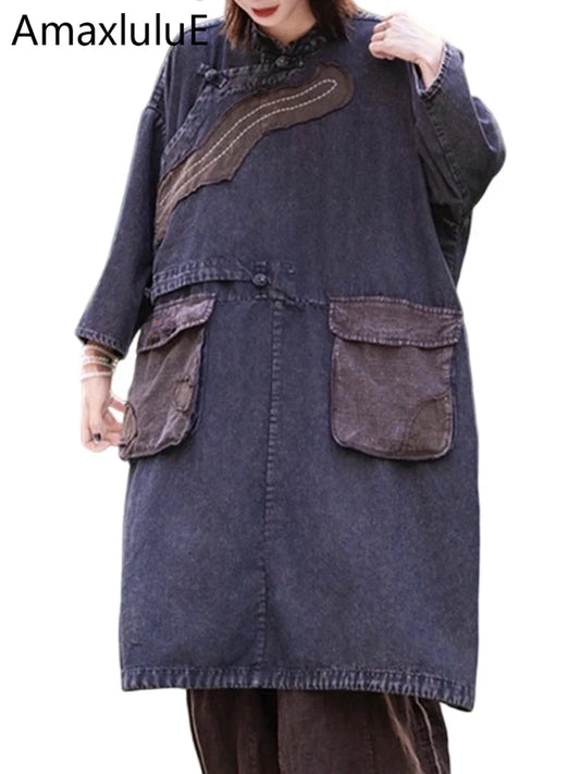 Amax LuluE Spring Chinese Womens Casual Oversized Patchwork Denim Dress Ladies Vintage Loose Fashion Vestidos Classic Clothing