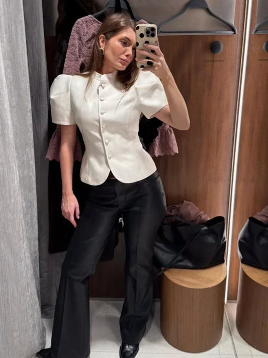 Chic White Lantern Sleeve Shirt Women Solid Stand Collar Stand Collar Slim Shirts Lady Casual Tops Commute Outwear 2026 New