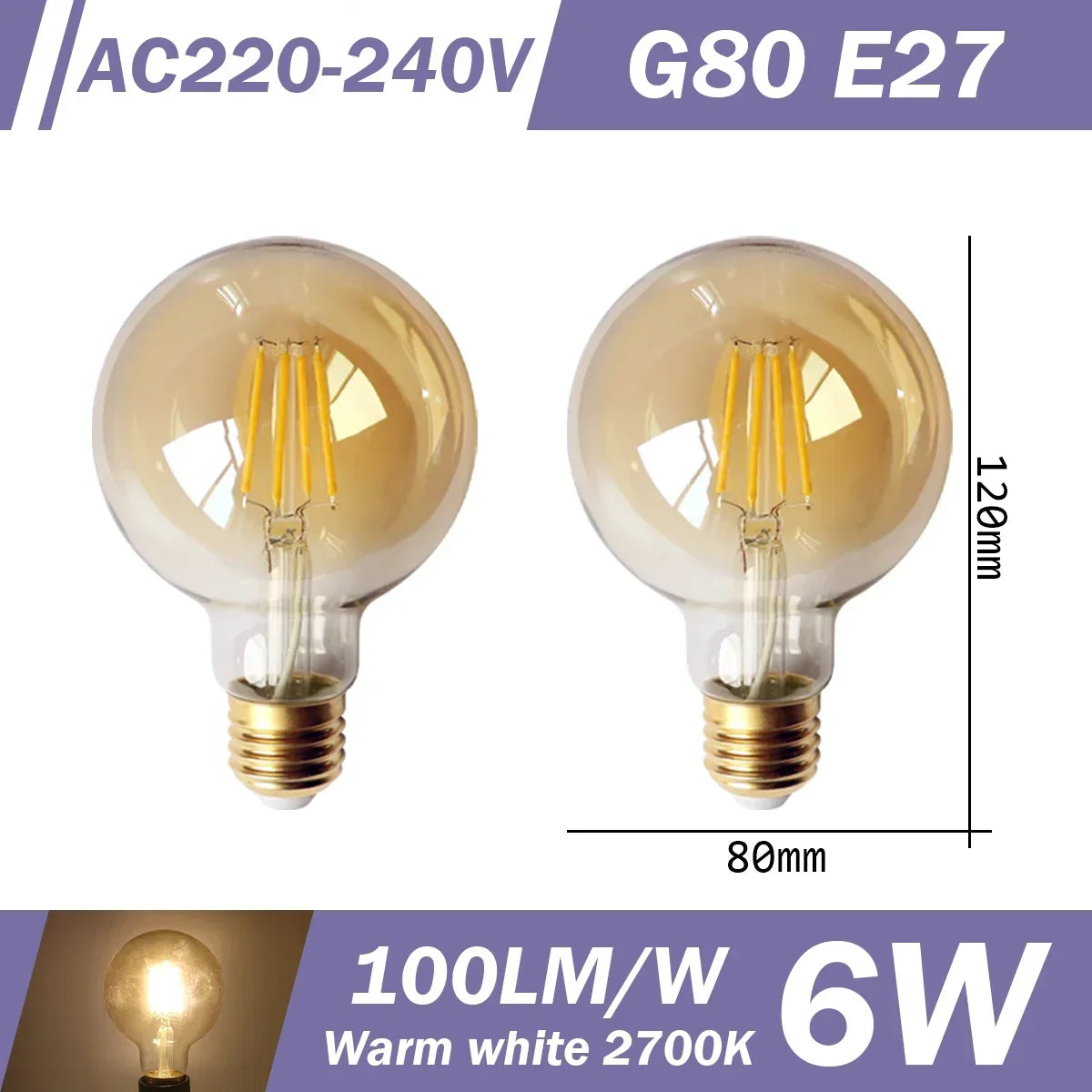 2PCS LED Filament Bulb E14 E27 C35 C35T ST64 G80 A60 220V 4W 9W Warm White Glass 360 Degree Edison Retro Candle Light Blubs
