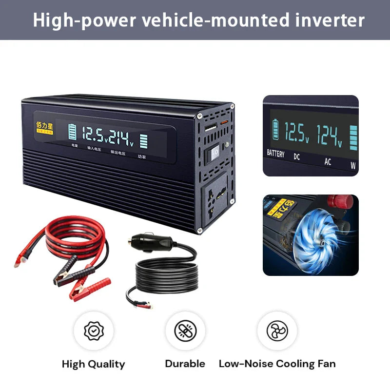 12V 24V To 220V 1000W Power Inverter LCD Display EU Socket Solar Inverter USB Type-c Fast Charging for Phone Laptops Car