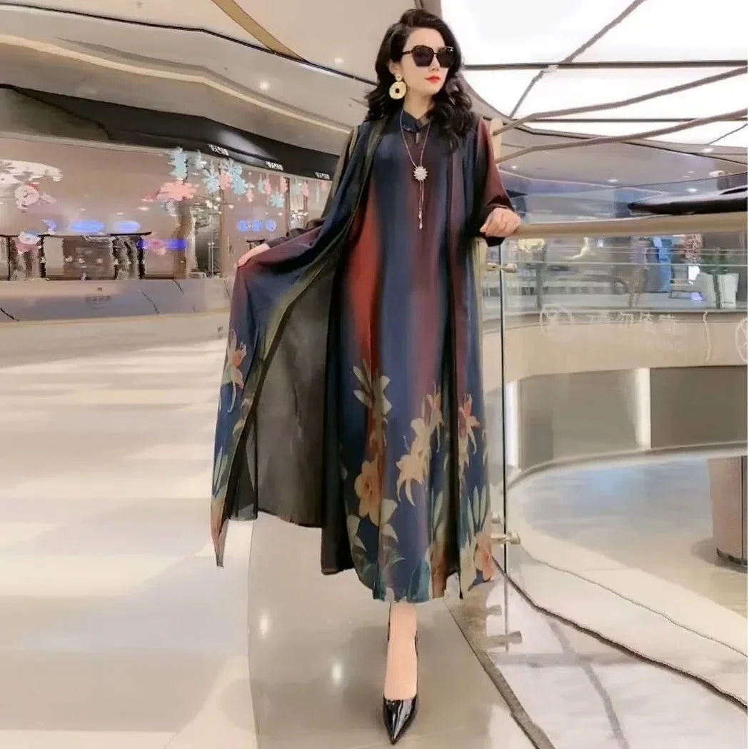 Authentic Silk Dress for Mother, Silkworm Loose Dress, High-End Print, 2-Piece Dress, Women's Dresses, Spring, Summer, New, 2023