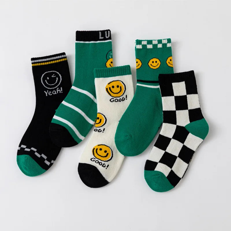 5pairs/Lot Autumn Winter Girls Cotton Socks Child Student Socks Smile Boys New Fashion Multi-Color Warmer Baby Kids Sport Socks