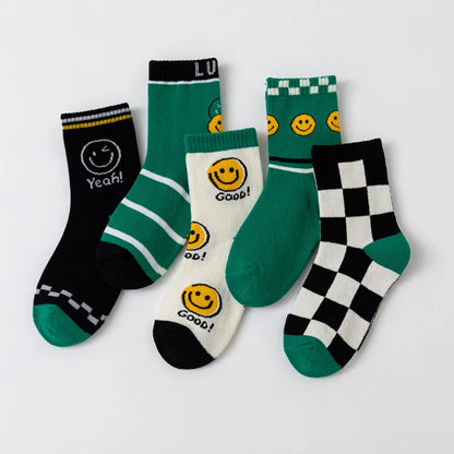 5pairs/Lot Autumn Winter Girls Cotton Socks Child Student Socks Smile Boys New Fashion Multi-Color Warmer Baby Kids Sport Socks
