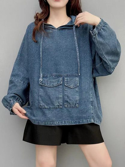 Amax LuluE Designer Winter Fashion Clothes Womens Loose Hooded Denim Hoodies Ladies Classic Oversized Vintage Casual Sweatshirts