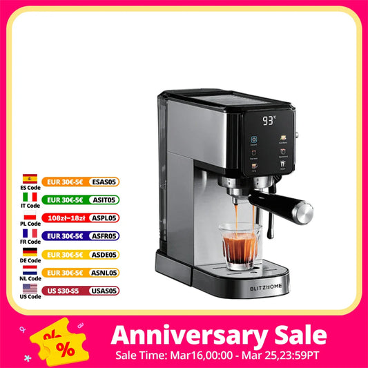 BlitzHome CM5105 Semi-Automatic Espresso Coffee Machine 20Bar 1350W with Touchscreen Control Cup Warmer 1L Removable Water Tank