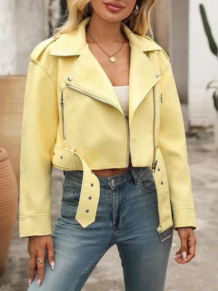 Ailegogo New Spring Autumn Women Street Casual Short Faux Leather Jacket Moto Biker Female Zipper Belt Loose Coat Outwear