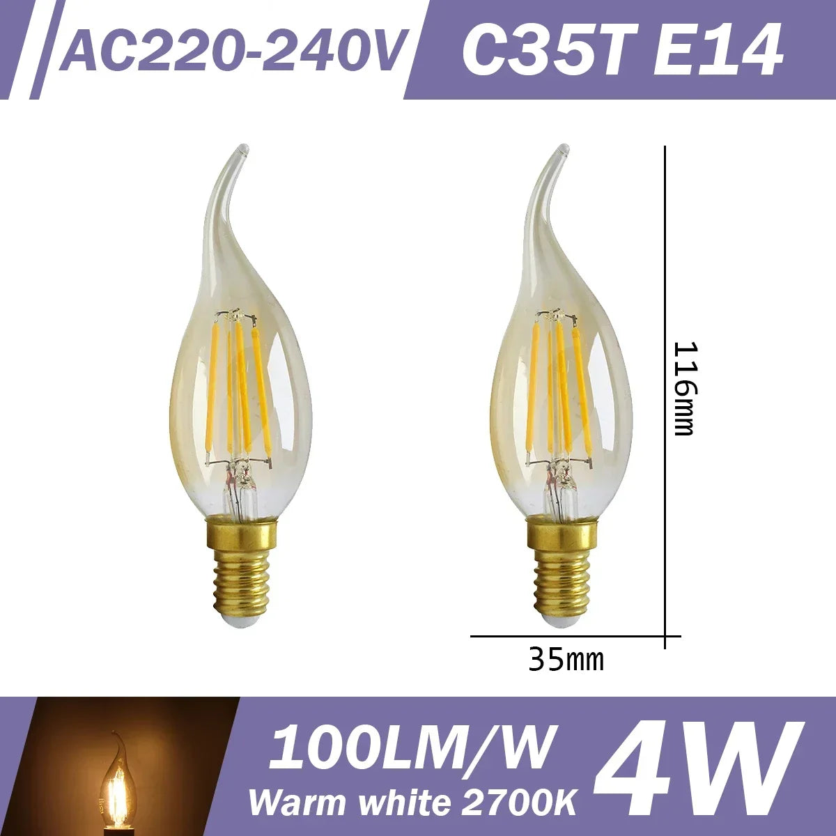 2PCS LED Filament Bulb E14 E27 C35 C35T ST64 G80 A60 220V 4W 9W Warm White Glass 360 Degree Edison Retro Candle Light Blubs
