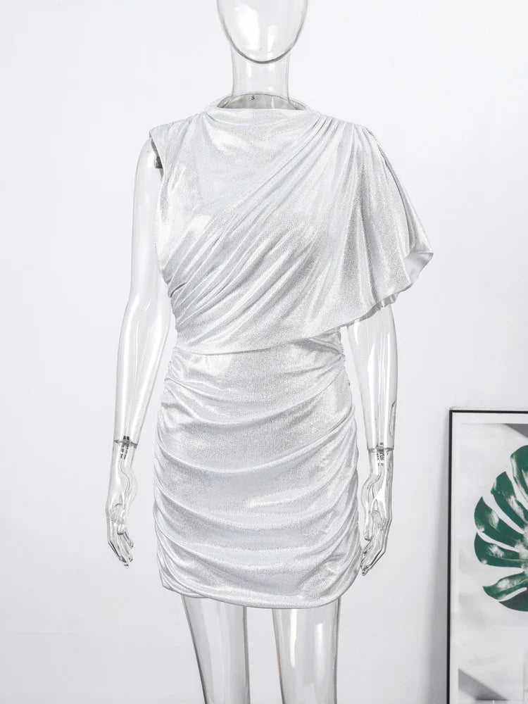 Chic Sequin Solid Dress Women Sexy O-neck Sleeveless Pleated Waist-cinched Empire Dresses Elegant Party Spring Lady Gown 2026