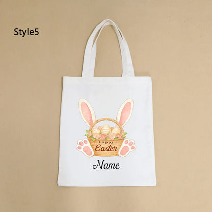 Custom Easter Tote Bag With Bunny And Floral Design, Personalized Name Shoulder Handbag For Spring Celebrations,