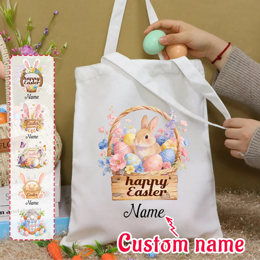 Custom Easter Tote Bag With Bunny And Floral Design, Personalized Name Shoulder Handbag For Spring Celebrations,