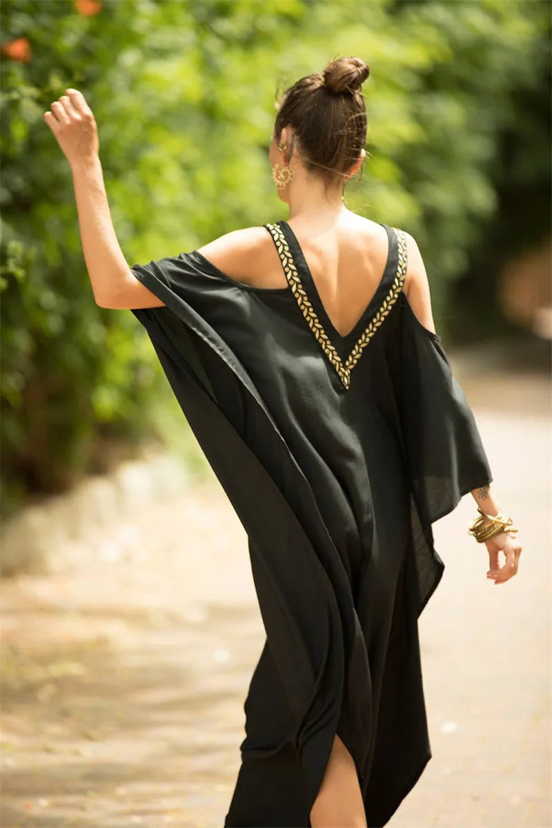 2026 New Black Gold Beaded Cold Shoulder Kaftan Maxi Dress V Neck Batwing Loose Side Slit Beach Cover Up Caftan Women Long Dress
