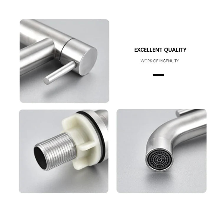A stainless steel washbasin faucet. Single cold water, 1/2 inch public bathroom. Bathroom balcony