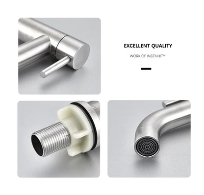 A stainless steel washbasin faucet. Single cold water, 1/2 inch public bathroom. Bathroom balcony
