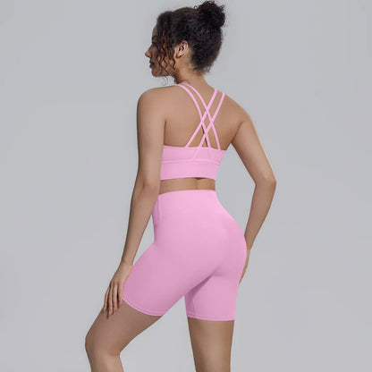2PCS/set Yoga Set Summer Breathable Running Cycling Backless Sports Bra High Waist Peach Buttocks Fitness Shorts Gym Yoga Set
