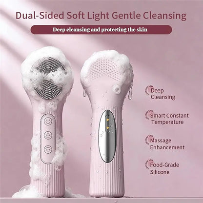 B15C Waterproof Electric Facial Cleansing Brush, 2-In-1 Silicone Face Scrubber Featuring Heat Massage Function For Women