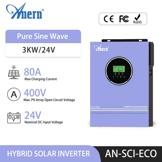 Anern 3000W 1600W 1500W 1000W Hybrid Inverter 24V 12V Buil in 80A MPPT Off Grid Solar Inverters MAX PV 400Vdc 150Vdc