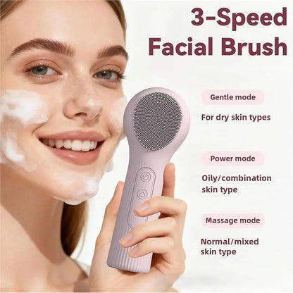 B15C Waterproof Electric Facial Cleansing Brush, 2-In-1 Silicone Face Scrubber Featuring Heat Massage Function For Women