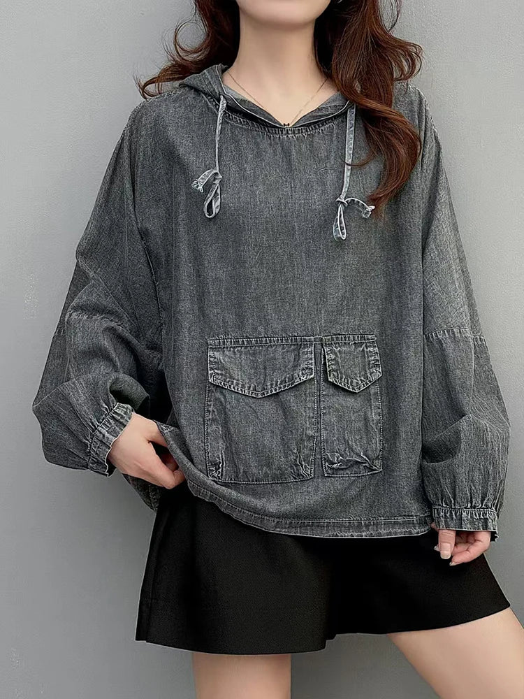 Amax LuluE Designer Winter Fashion Clothes Womens Loose Hooded Denim Hoodies Ladies Classic Oversized Vintage Casual Sweatshirts