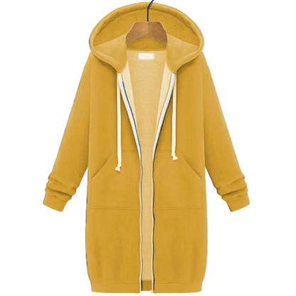 Autumn Winter Women's Hooded Long Sleeve Mid-Length Sweatshirt Fleece Jacket Comfortable Casual Style Polyester Fabric