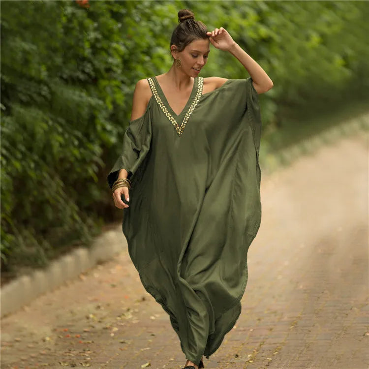 2026 New Black Gold Beaded Cold Shoulder Kaftan Maxi Dress V Neck Batwing Loose Side Slit Beach Cover Up Caftan Women Long Dress