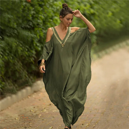2026 New Black Gold Beaded Cold Shoulder Kaftan Maxi Dress V Neck Batwing Loose Side Slit Beach Cover Up Caftan Women Long Dress