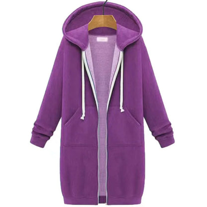 Autumn Winter Women's Hooded Long Sleeve Mid-Length Sweatshirt Fleece Jacket Comfortable Casual Style Polyester Fabric