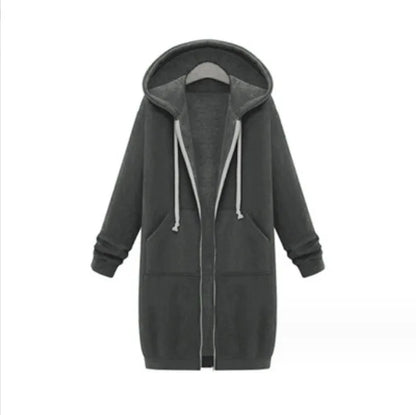 Autumn Winter Women's Hooded Long Sleeve Mid-Length Sweatshirt Fleece Jacket Comfortable Casual Style Polyester Fabric