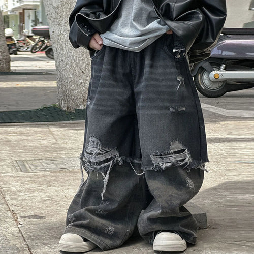2025 New Boys' Cool Ripped Jeans Wide-leg Trousers American Retro Children's Trousers