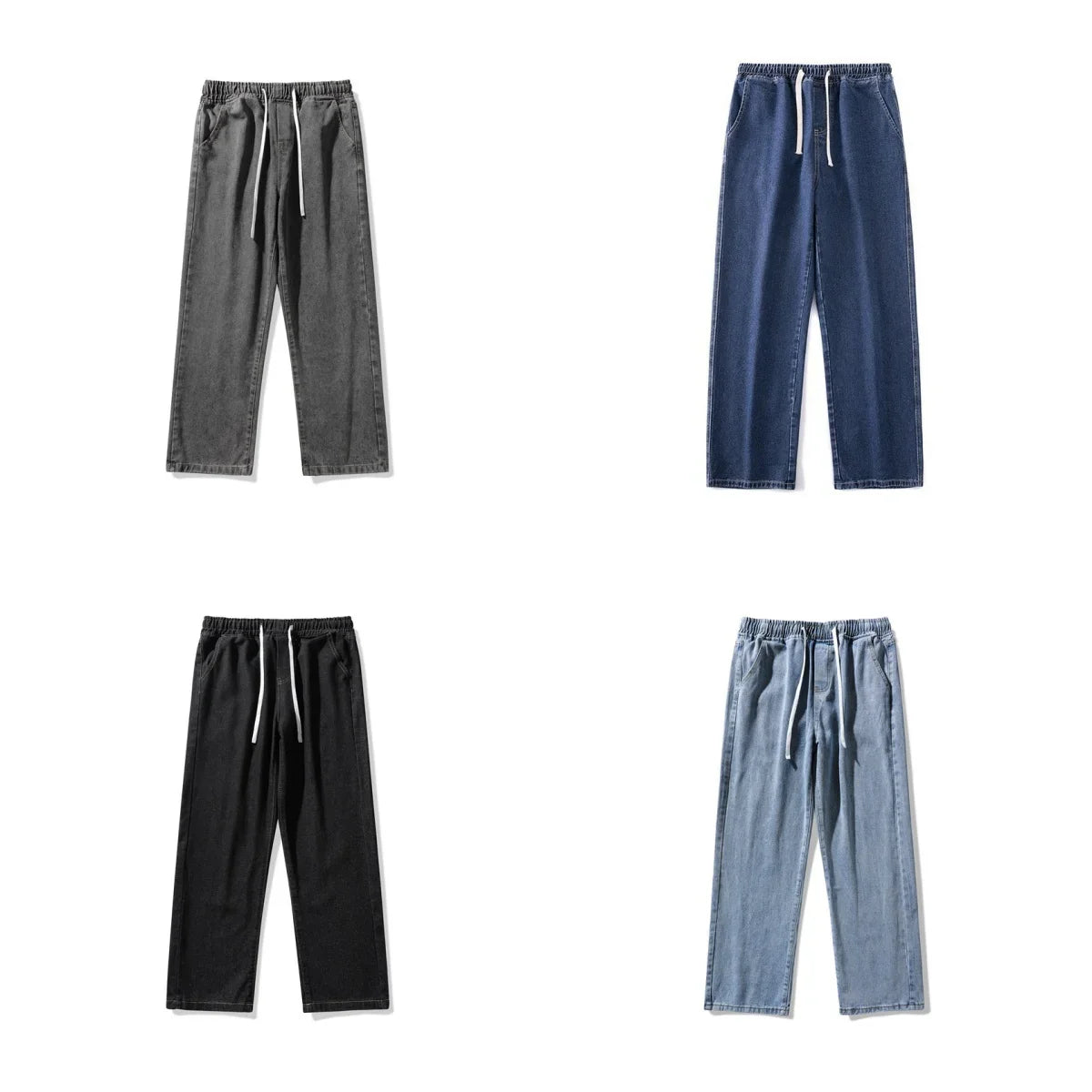 2025 New Korean Men's Casual Long Jeans Classic Man Straight Denim Wide-leg Pants Solid Color Light Blue Grey Black ﻿