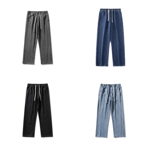 2025 New Korean Men's Casual Long Jeans Classic Man Straight Denim Wide-leg Pants Solid Color Light Blue Grey Black ﻿
