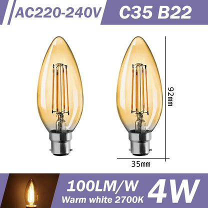 2PCS LED Filament Bulb E14 E27 C35 C35T ST64 G80 A60 220V 4W 9W Warm White Glass 360 Degree Edison Retro Candle Light Blubs