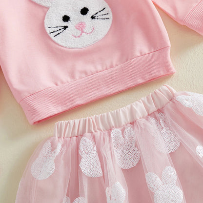 Citgeett Spring Easter Kids Toddler Girls Outfits Long Sleeve Bunny Embroidery Sweatshirt Tulle Skirt Set Clothes