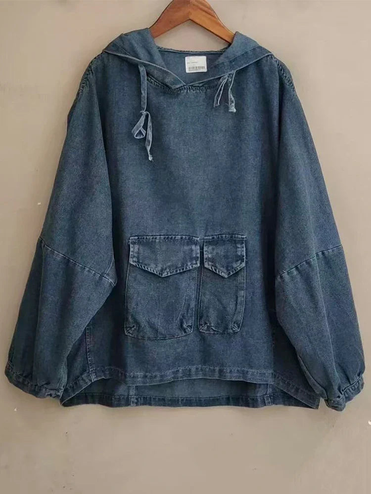Amax LuluE Designer Winter Fashion Clothes Womens Loose Hooded Denim Hoodies Ladies Classic Oversized Vintage Casual Sweatshirts
