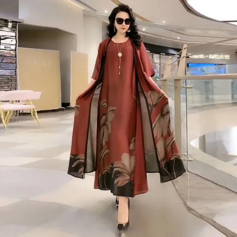 Authentic Silk Dress for Mother, Silkworm Loose Dress, High-End Print, 2-Piece Dress, Women's Dresses, Spring, Summer, New, 2023
