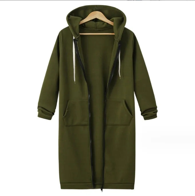Autumn Winter Women's Hooded Long Sleeve Mid-Length Sweatshirt Fleece Jacket Comfortable Casual Style Polyester Fabric