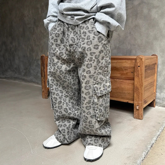Boys Girls Spring Autumn Cargo Pants 2025 New Fashion Casual Daily Leopard Print Long Trousers for 2-11Y Kids