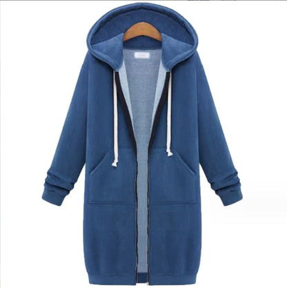 Autumn Winter Women's Hooded Long Sleeve Mid-Length Sweatshirt Fleece Jacket Comfortable Casual Style Polyester Fabric