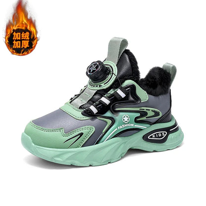 Children Sports Shoes Winter Plush Outdoor Warm Soft Comfort Boy Running Shoes Fashion Rotary Buckle Anti Slip Kids Tennis Shoes