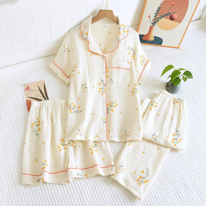 100% Gauze Cotton Summer Women Pajamas 3 Pieces Set  Female 2025 New Sleepwear Bedroom Set Short sleeved long pants + shorts