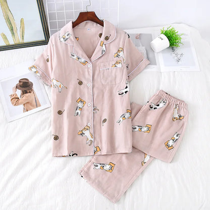 2026 Japanese new spring and summer short-sleeved trousers pajamas 2-piece set 100% cotton gauze flower cartoon home service set