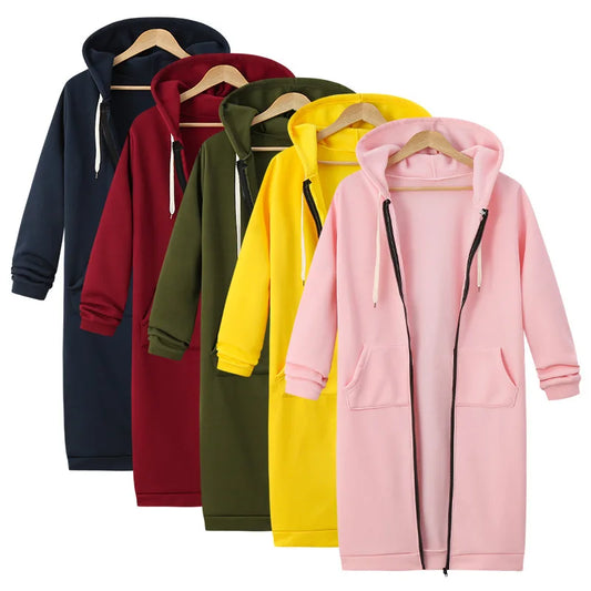Autumn Winter Women's Hooded Long Sleeve Mid-Length Sweatshirt Fleece Jacket Comfortable Casual Style Polyester Fabric