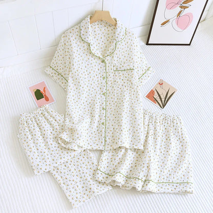 100% Gauze Cotton Summer Women Pajamas 3 Pieces Set  Female 2025 New Sleepwear Bedroom Set Short sleeved long pants + shorts