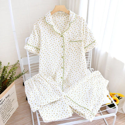 100% Gauze Cotton Summer Women Pajamas 3 Pieces Set  Female 2025 New Sleepwear Bedroom Set Short sleeved long pants + shorts