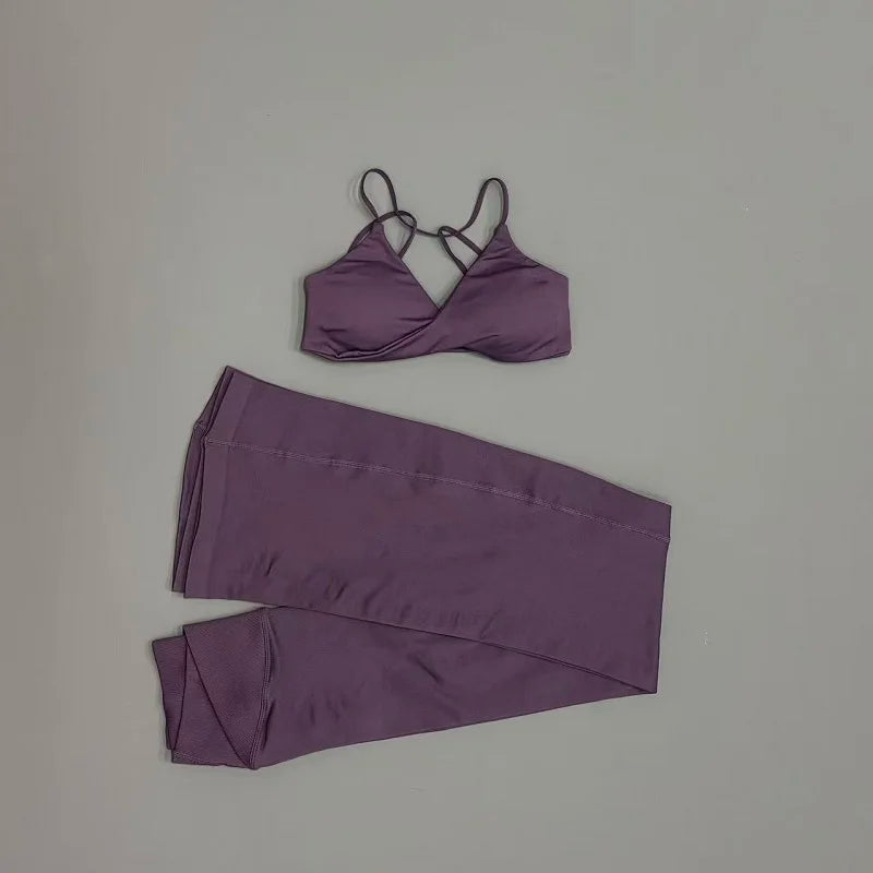 2Pcs Yoga Set Seamless Women Twist Front Sports Bra and Vision Flares Leggings Sets Scrunch Butt Cross Waist Gym Flare Pants Set