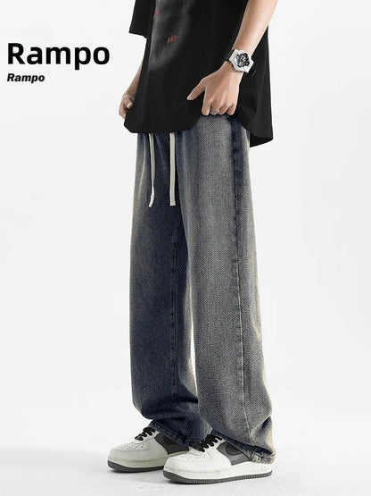 American Retro Dstring Jeans Loose Straight Casual Pants High Street Vibe Wide Leg Summer New Sle for Men Youth Faion