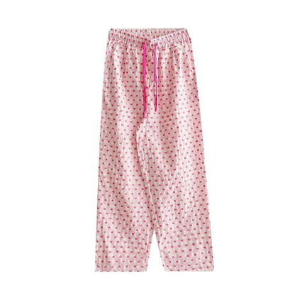 Comfortable home-style heart-printed pajama pants 2025 new casual family pants. The pink pants can be worn as a coat