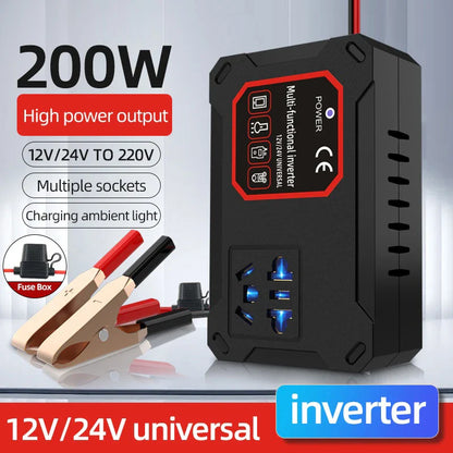 Car Power Inverter 200W 12V/24V To 220V Converter Charger Adapter Universal Socket Portable Vehicle-mounted Home Auto Inverters